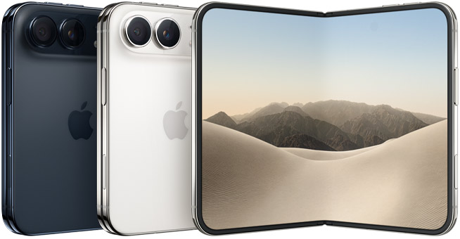 iPhone Duo 두 색상의 뒷면과 펼친 화면